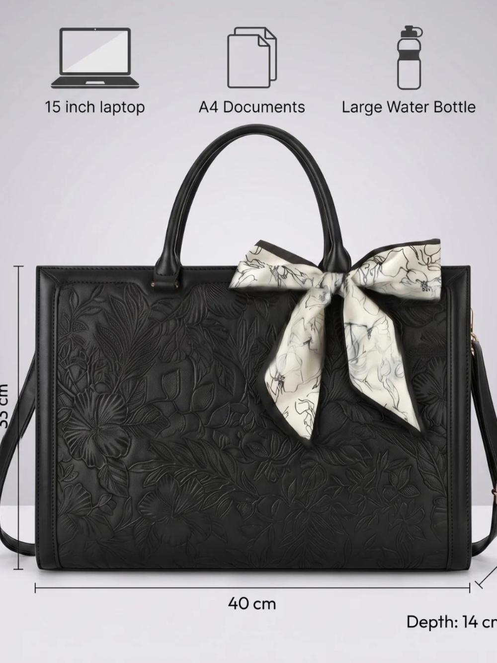 Nubily Vegan Leather Black Floral Embossed 15.6 Inch Laptop Tote